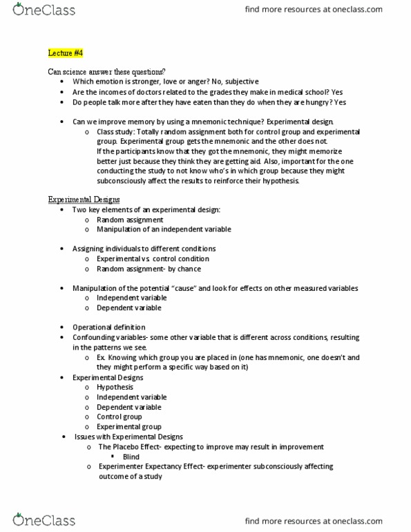 PSYC 100 Lecture Notes - Lecture 4: Design Of Experiments, Mnemonic, Naturalistic Observation thumbnail