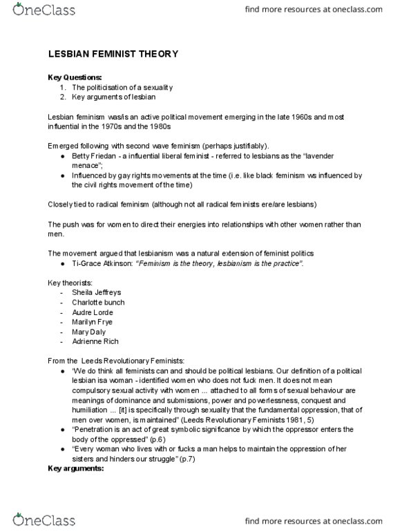 POLS20011 Lecture Notes - Lecture 9: Adrienne Rich, Political Lesbianism, Androcentrism thumbnail