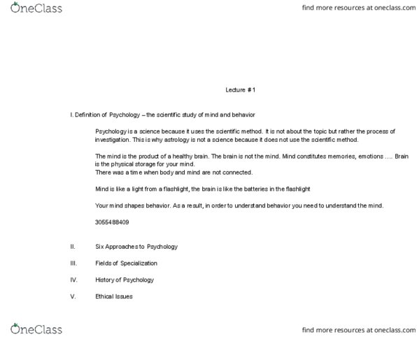 PSY 110 Lecture Notes - Lecture 2: Behaviorism, Wilhelm Wundt, Falsifiability thumbnail