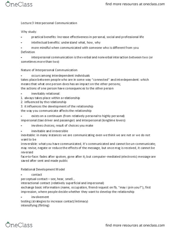 CMN 10Y Lecture Notes - Lecture 3: Social Penetration Theory, Master Sergeant, Interpersonal Communication thumbnail