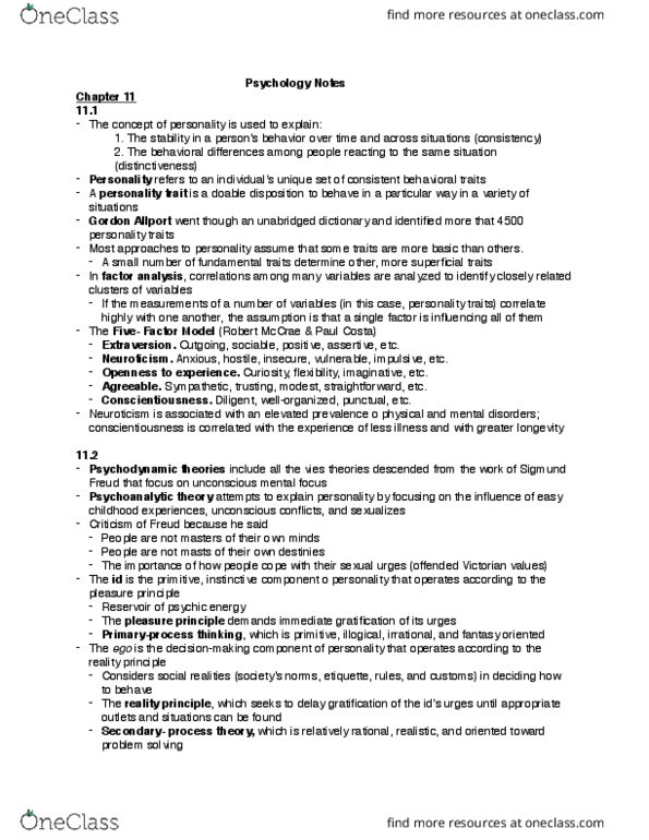 PSYCH 2010 Chapter Notes - Chapter 11,14: Narcissistic Personality Disorder, Analytical Psychology, Psychogenic Amnesia thumbnail