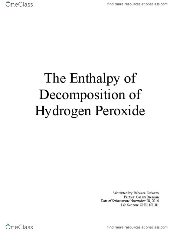 CHE 110L Lecture Notes - Lecture 10: Joule, Hydrogen Peroxide, Enthalpy thumbnail