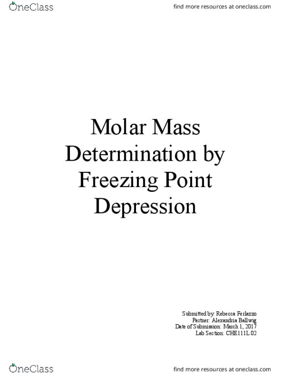 CHE 111L Lecture Notes - Lecture 4: Molar Mass, Observational Error, Freezing-Point Depression thumbnail