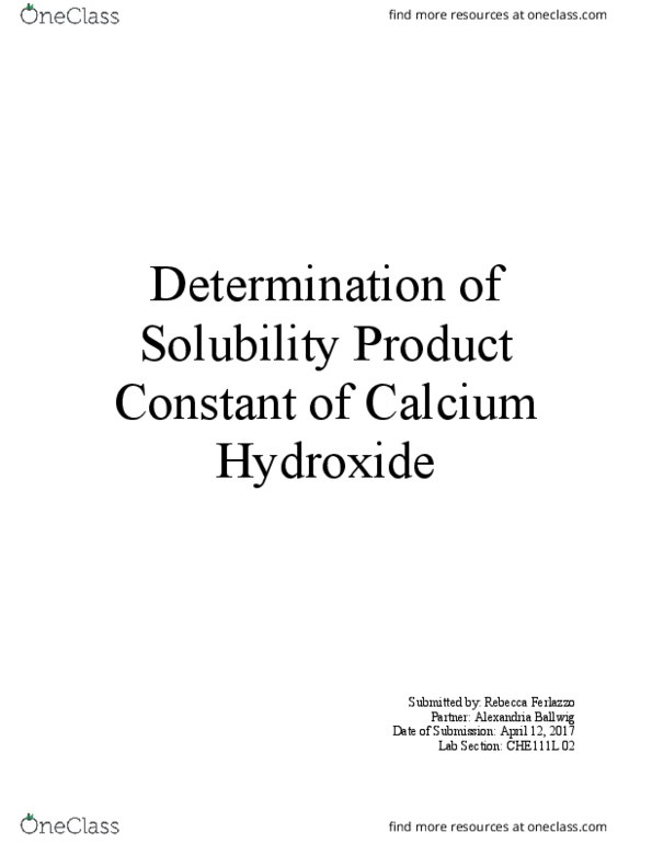 CHE 111L Lecture Notes - Lecture 10: Calcium Hydroxide, Solubility Equilibrium, Sodium Hydroxide thumbnail