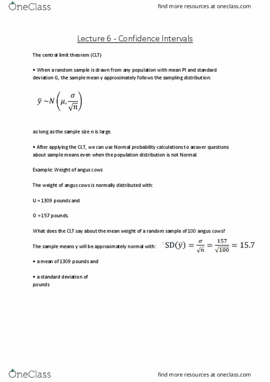 6540 Lecture Notes - Lecture 6: Sampling Distribution, Confidence Interval, Statistical Parameter thumbnail