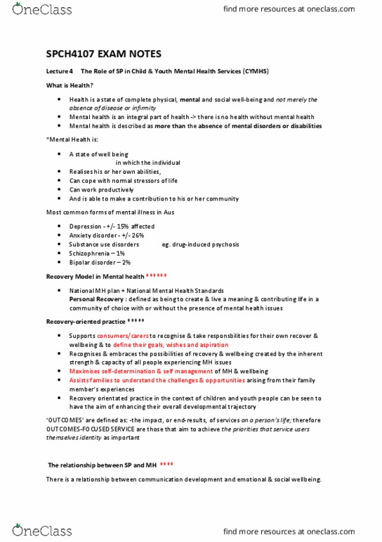 SPCH4107 Lecture Notes - Lecture 4: Anxiety Disorder, Schizophrenia, Protective Factor thumbnail