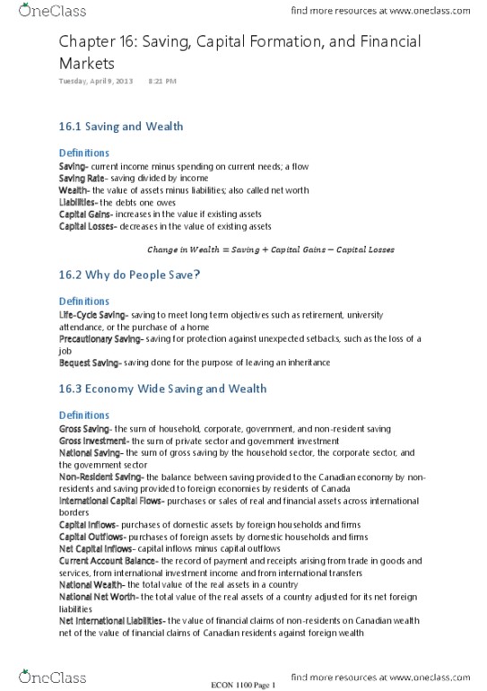 ECON 1100 Chapter 16: Chapter 16 Saving, Capital Formation, and Financial Markets thumbnail