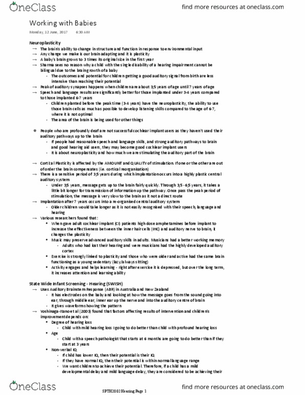 SPTH2002 Lecture Notes - Lecture 5: Language Delay, Hearing Aid, Speech-Language Pathology thumbnail