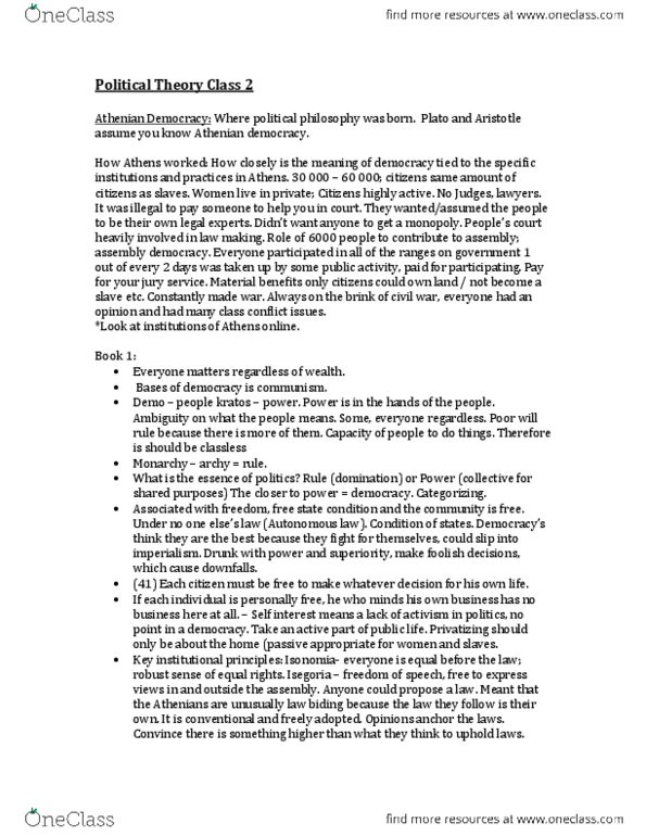 POLSCI 2O06 Lecture Notes - Athenian Democracy, Political Philosophy, Class Conflict thumbnail