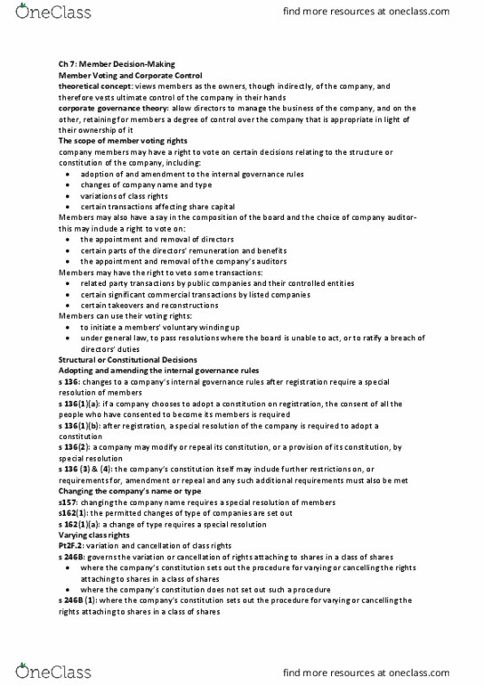 BUSN2101 Chapter Notes - Chapter 7-8: Extraordinary Resolution, Corporate Action, Listing Rules thumbnail