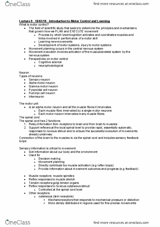 HESC1501 Lecture Notes - Lecture 9: Motor Neuron, Noxious Stimulus, Retina thumbnail