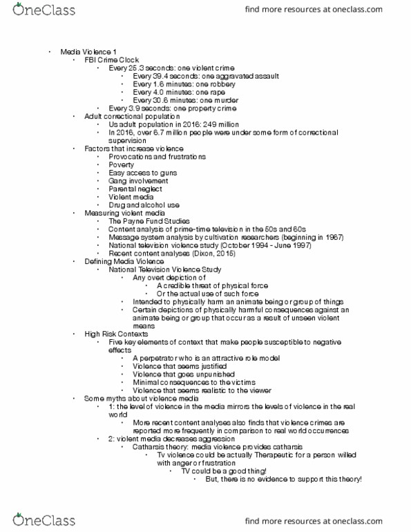 COMM 102 Lecture Notes - Lecture 18: Payne Fund Studies, Disinhibition, Research On The Effects Of Violence In Mass Media thumbnail