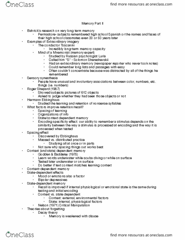 PSYCH 111 Lecture Notes - Lecture 4: Hermann Ebbinghaus, Solomon Shereshevsky, Flashbulb Memory thumbnail