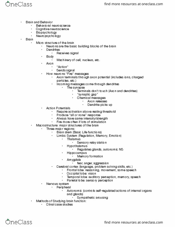 PSYCH 111 Lecture Notes - Lecture 5: Axon Terminal, Cognitive Neuroscience, Perseveration thumbnail