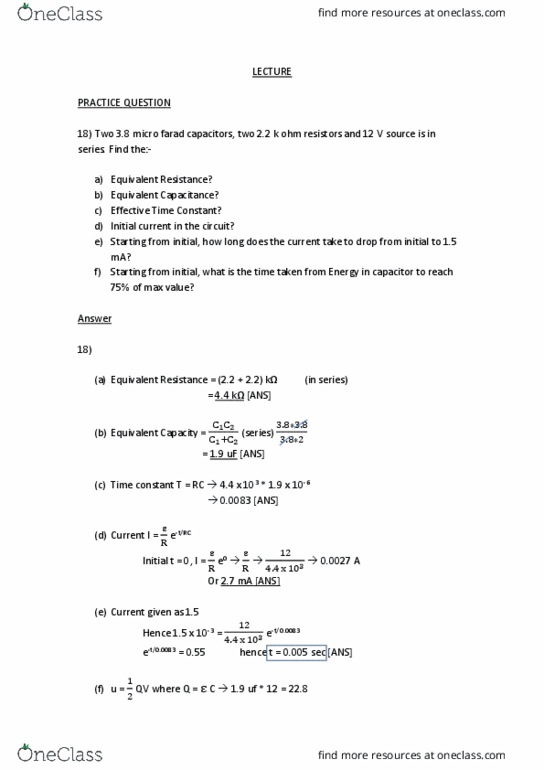 PHYS 272 Lecture Notes - Lecture 1: Time Constant, Farad thumbnail