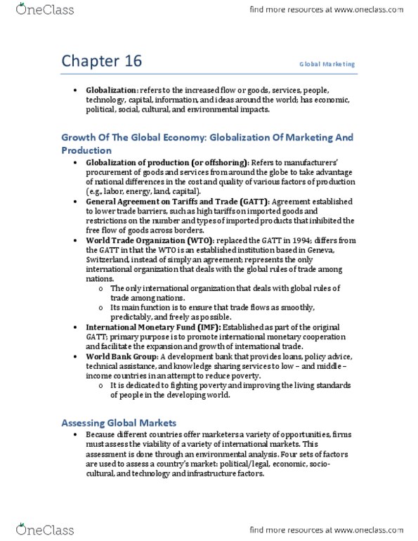 ADM 2320 Chapter Notes - Chapter 16: Global Entry, Management Consulting, Franchising thumbnail