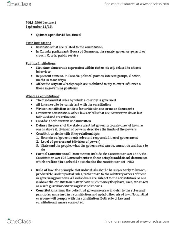 POLS 2300 Lecture Notes - Long Knives, Victoria Charter, Section 33 Of The Canadian Charter Of Rights And Freedoms thumbnail