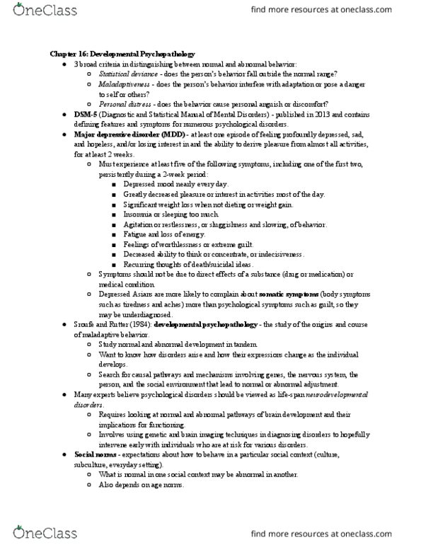PSY 220 Chapter Notes - Chapter 16: Dsm-5, Personal Distress, Binge Drinking thumbnail
