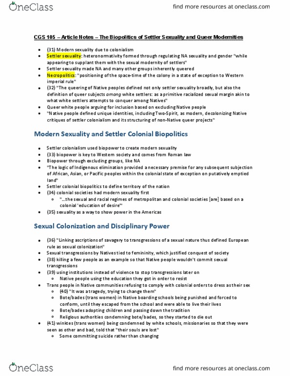 CGS 105 Chapter Notes - Chapter Article Notes: Biopolitics, Two-Spirit, Settler Colonialism thumbnail