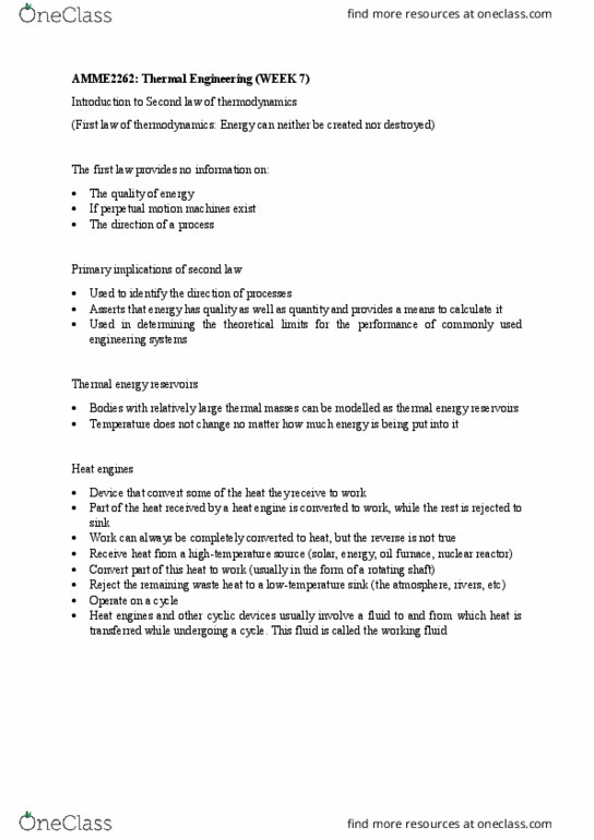 AMME2262 Lecture Notes - Lecture 7: Thermal Efficiency, Waste Heat, Thermodynamic Temperature thumbnail