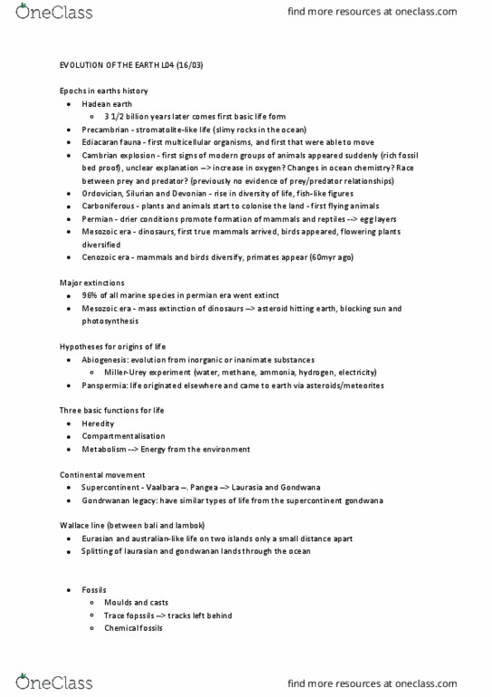 BIOL1006 Lecture Notes - Lecture 4: Vaalbara, Cenozoic, Homeostasis thumbnail