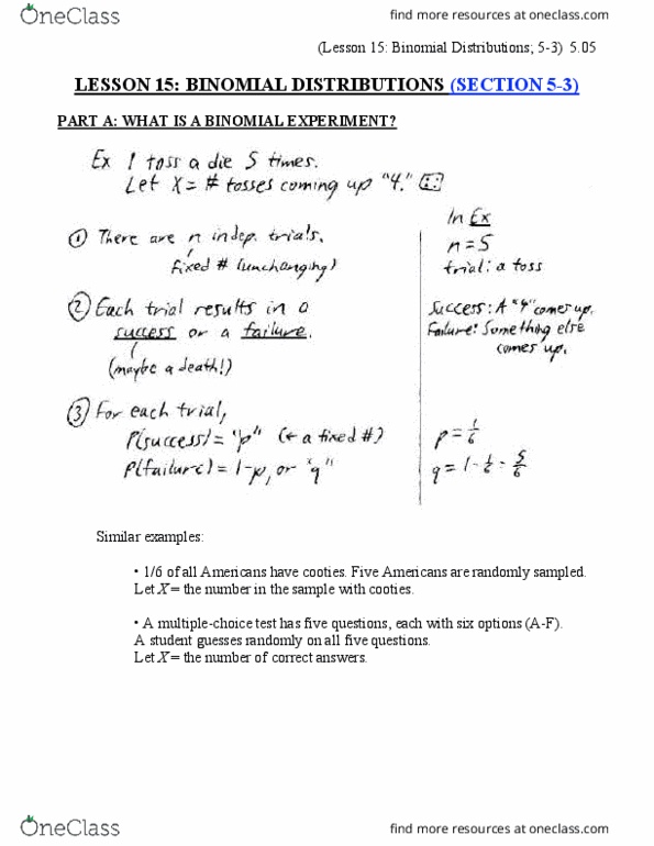 STATS 2B03 Chapter Notes - Chapter 15: Cooties, Binomial Distribution thumbnail