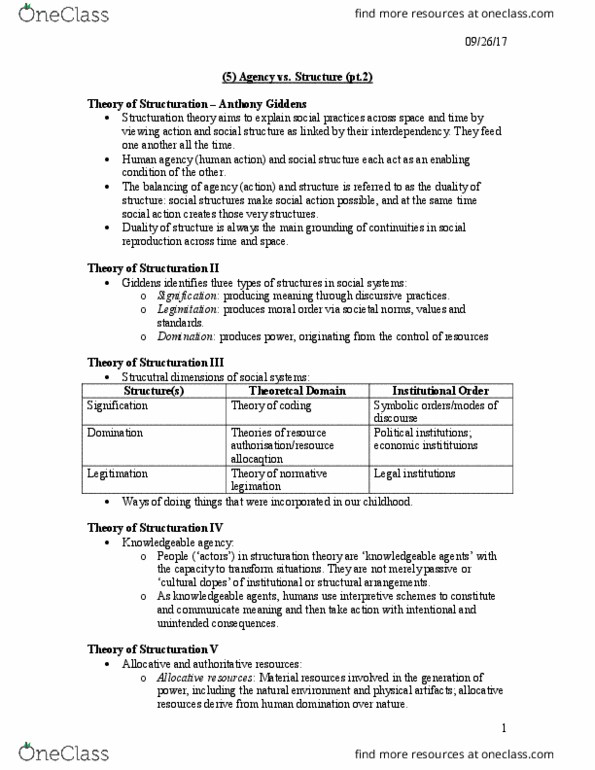 SOC 3118 Lecture Notes - Lecture 5: Anthony Giddens, Social Reproduction, Structuration Theory thumbnail