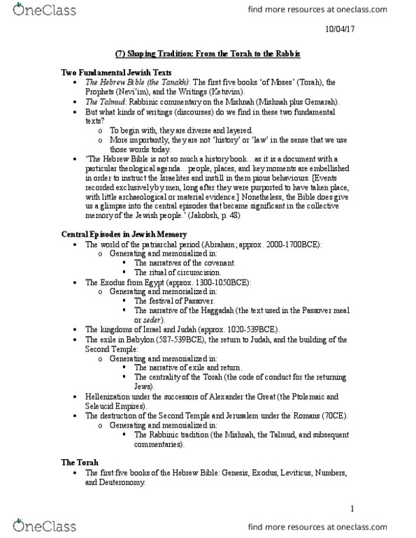 SRS 1112 Lecture Notes - Lecture 7: Mishnah, Book Of Leviticus, Great Assembly thumbnail