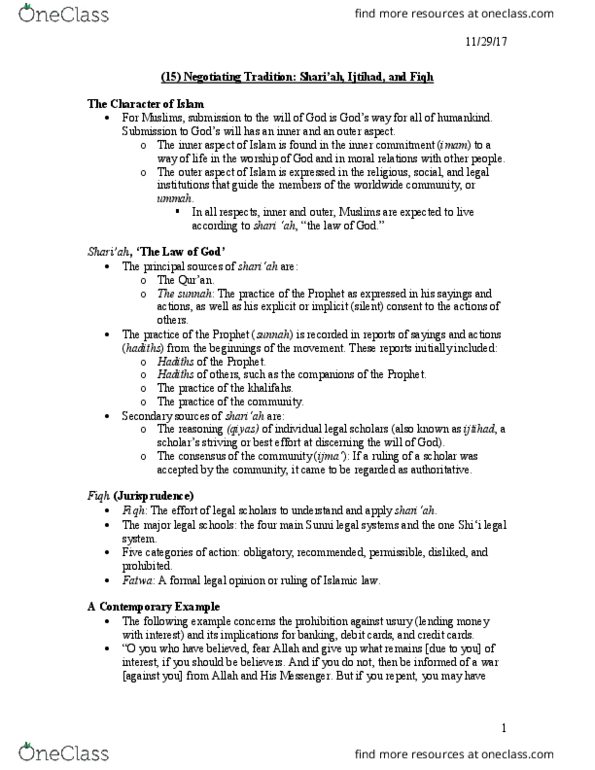 SRS 1112 Lecture Notes - Lecture 15: Tariqa, Qiyas, Ummah thumbnail