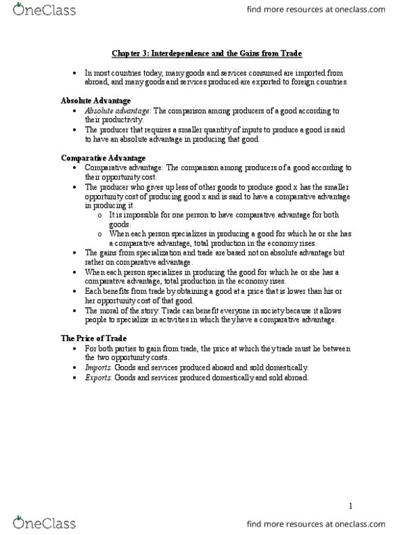 ECO 1104 Lecture Notes - Lecture 3: Opportunity Cost, Absolute Advantage, Comparative Advantage thumbnail