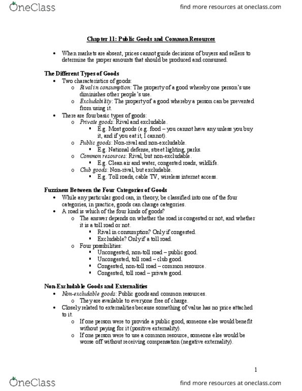 ECO 1104 Lecture Notes - Lecture 11: Club Good, Excludability, Private Good thumbnail