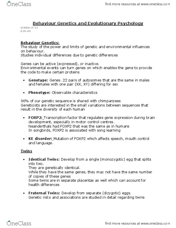 PSYC 2410 Lecture Notes - Agreeableness, Heritability, Epigenetics thumbnail