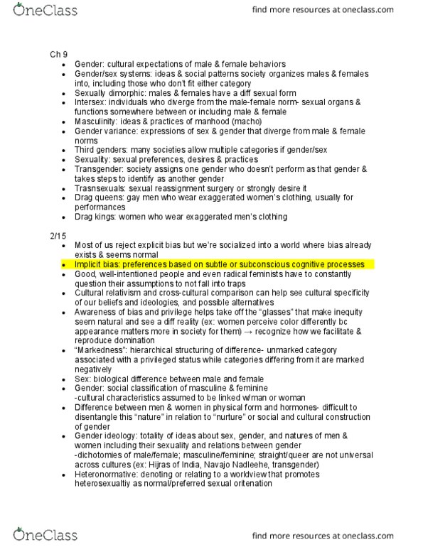 ANTH 2 Lecture Notes - Lecture 15: Masculinity, Sexual Dimorphism, Gender Variance thumbnail