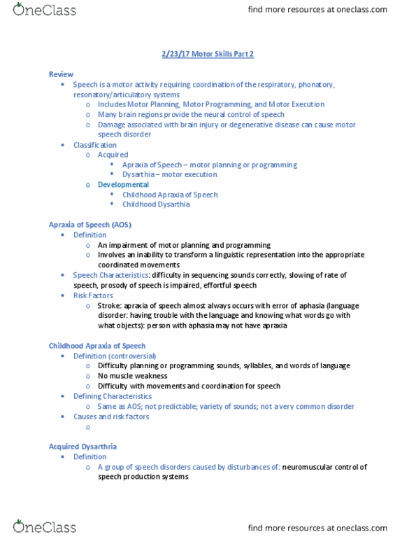 SPHS-S 108 Lecture Notes - Lecture 8: Motor Planning, Phonation, Degenerative Disease thumbnail
