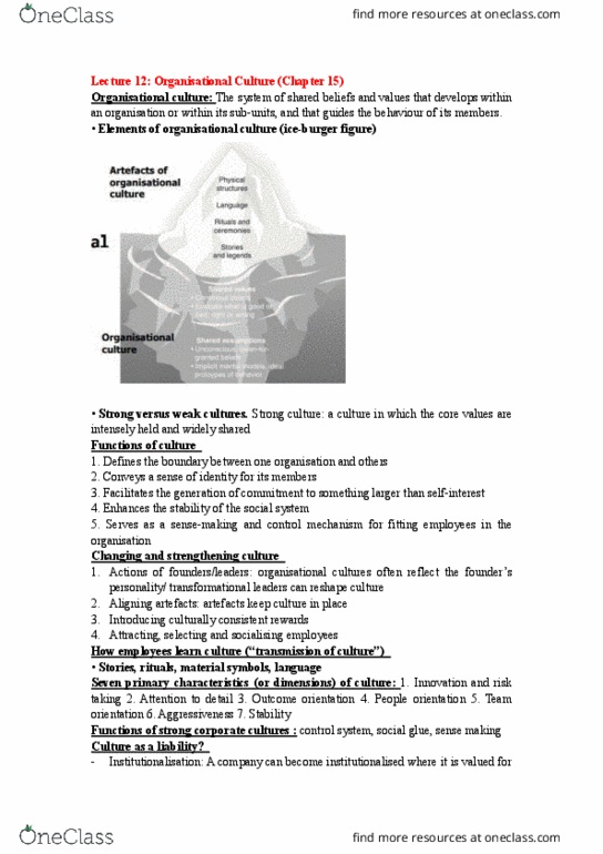 MGTS1601 Lecture Notes - Lecture 12: Organizational Culture, Sensemaking thumbnail