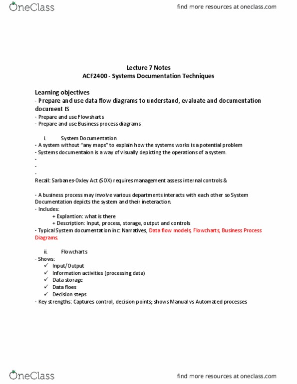 ACF2400 Lecture Notes - Lecture 7: Flowchart, Internal Control, Business Process thumbnail