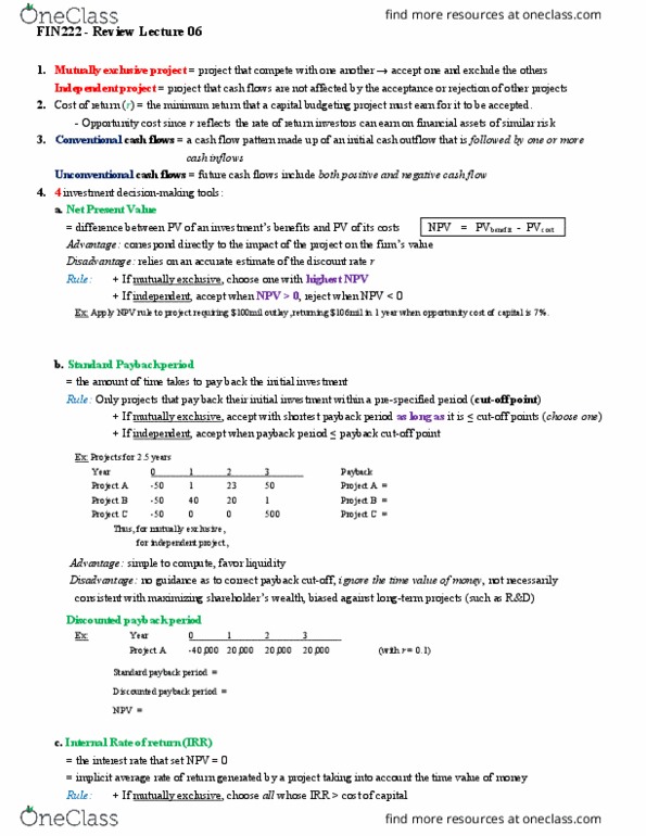 FIN222 Lecture Notes - Lecture 6: Cash Flow, Payback Period, Opportunity Cost thumbnail