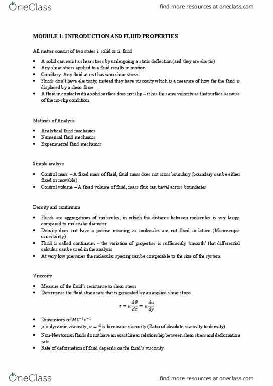 AMME2261 Lecture Notes - Lecture 1: Intermolecular Force, Differential Calculus, Conservation Of Mass thumbnail