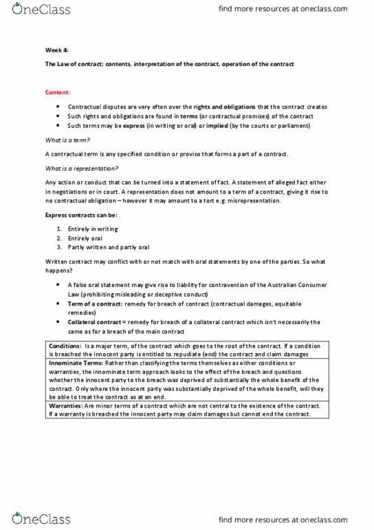 MLC101 Lecture Notes - Lecture 4: Collateral Contract, Australian Consumer Law thumbnail