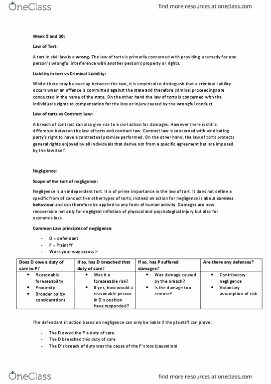 MLC101 Lecture Notes - Lecture 10: Vicarious Liability, Contributory Negligence, Nervous Shock In English Law thumbnail