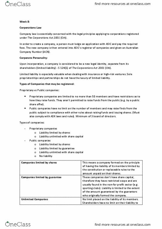 MLC101 Lecture Notes - Lecture 8: Corporations Act 2001, Company Seal, Proprietary Company thumbnail