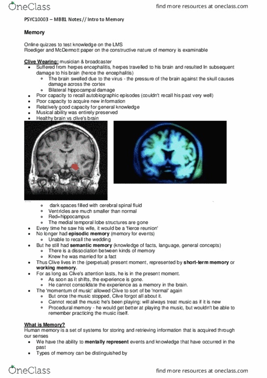 PSYC10003 Lecture Notes - Lecture 22: Cerebrospinal Fluid, Encephalitis, Temporal Lobe thumbnail