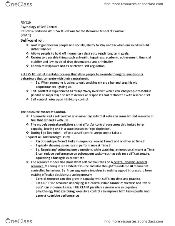 PSYC19H3 Chapter Notes - Chapter Inzlicht & Berkman: Self-Control, Publication Bias, Ego Depletion thumbnail