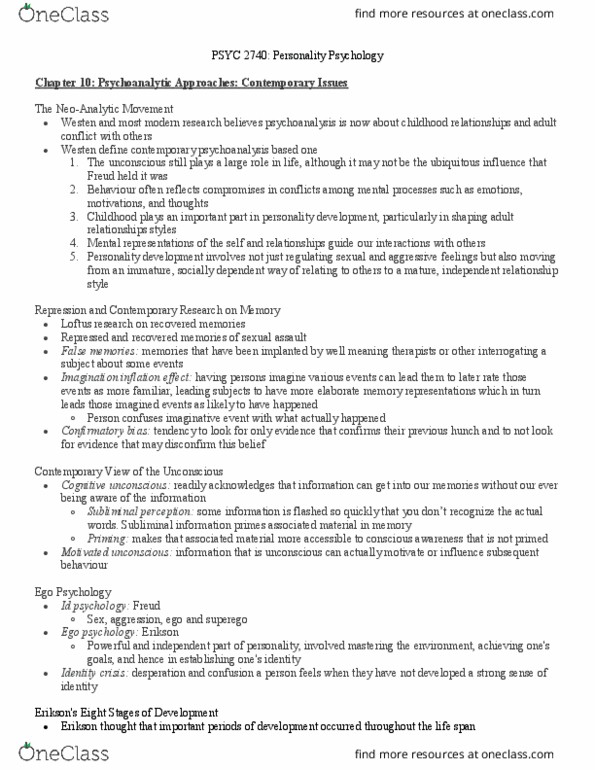 PSYC 2740 Chapter Notes - Chapter 10: Ego Psychology, Narcissistic Personality Disorder, Karen Horney thumbnail