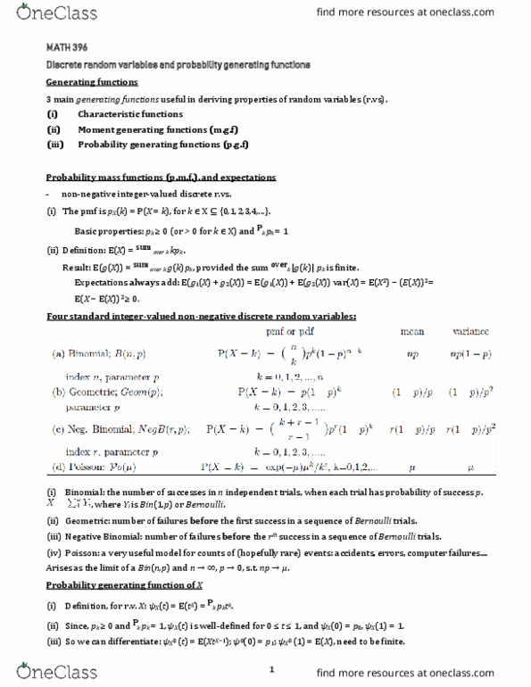 MATH 396 Lecture Notes - Lecture 1: Independent And Identically Distributed Random Variables, Bernoulli Trial, Probability-Generating Function thumbnail