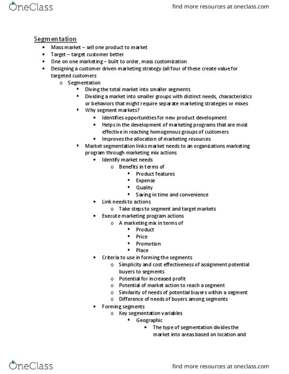 BUAD301 Lecture Notes - Lecture 4: Marketing Mix, Mass Customization, Social Class thumbnail