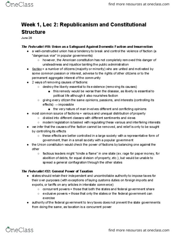 POL SCI 40 Lecture Notes - Lecture 2: Federalist No. 10, Constitution Of The United Kingdom, Indirect Election thumbnail