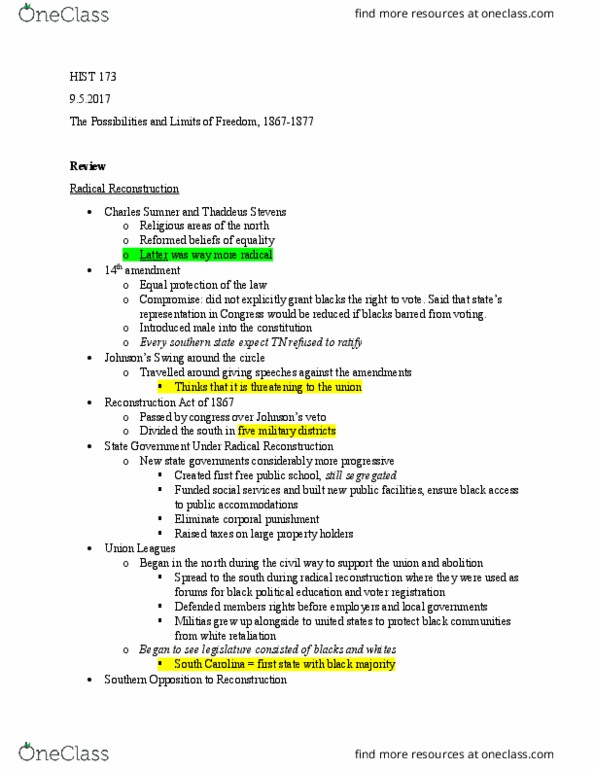 HIST 173 Lecture Notes - Lecture 1: Thaddeus Stevens, Reconstruction Acts, White Southerners thumbnail