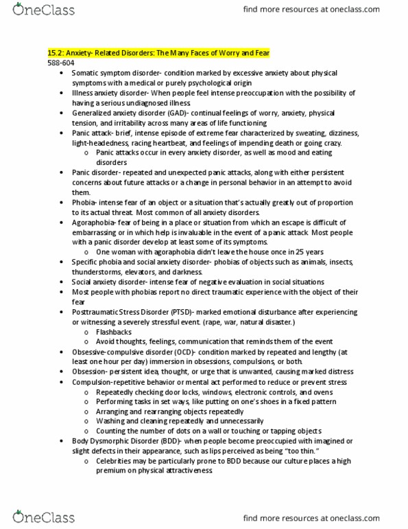 PSYC 111 Chapter Notes - Chapter 15.2: Posttraumatic Stress Disorder, Social Anxiety Disorder, Body Dysmorphic Disorder thumbnail