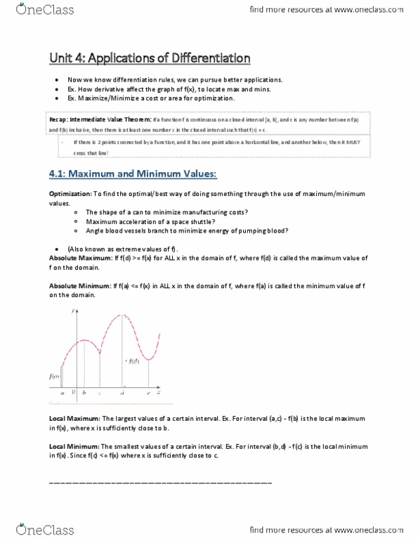 MATH 1013 Lecture Notes - Intermediate Value Theorem, Maxima And Minima, Differentiation Rules thumbnail